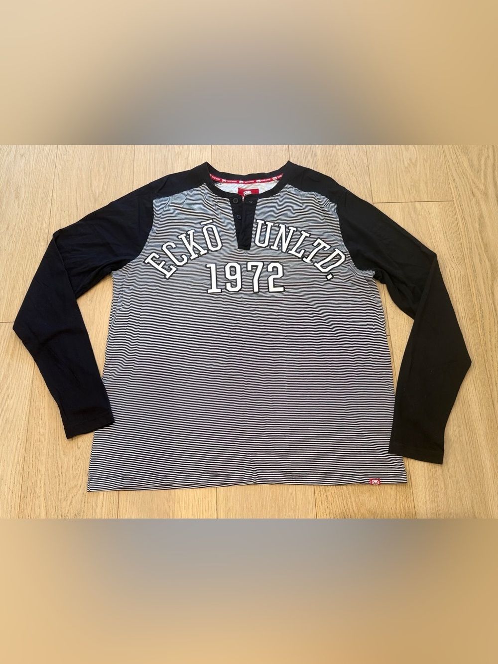 Ecko Unltd Men’s Striped Henley Shirt Black XL Streetwear Graphic Y2K 2000